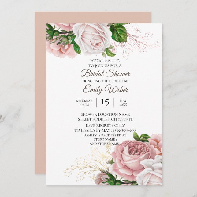 Blush Pink Floral Roses White Bridal Shower Invitation (Front/Back)