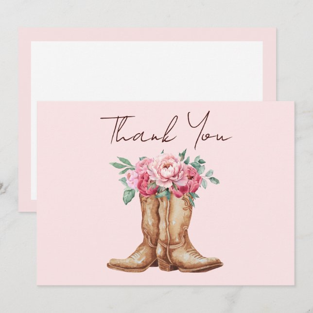 Blush Pink Floral Rustic Cowboy Boots Thank You Card (Front/Back)