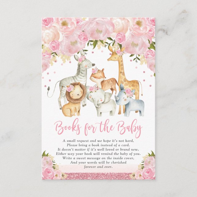 Blush Pink Floral Safari Animals Books for Baby Enclosure Card (Front)