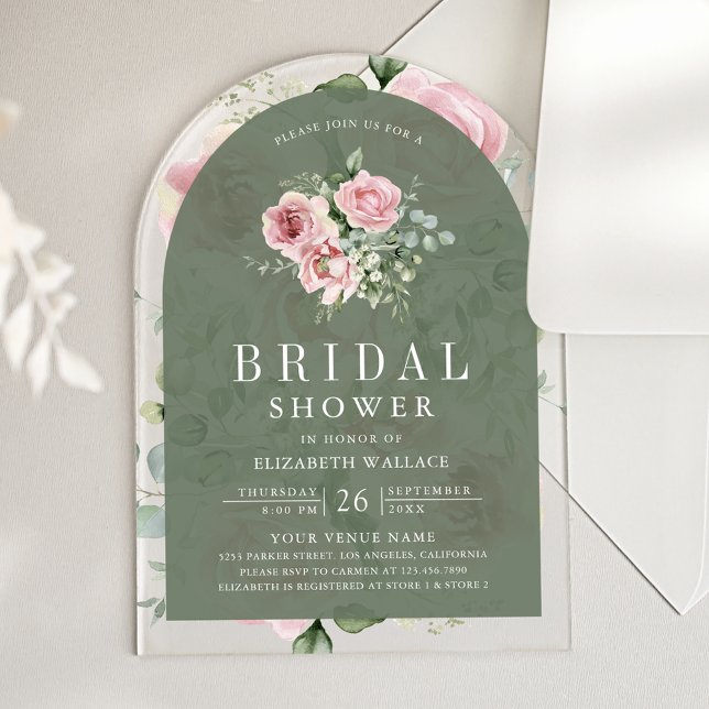 Blush Pink Floral Sage Green Bridal Shower Acrylic Invitations (Creator Uploaded)
