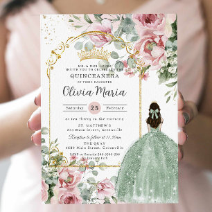 Blush Pink Floral Sage Green Quinceañera Sweet 16 Invitation