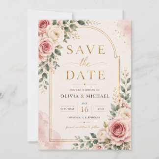Blush Pink Floral Save the Date Card | Watercolor 