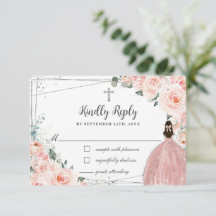 Blush Pink Floral Silver Baptism Christening Girl  RSVP Card