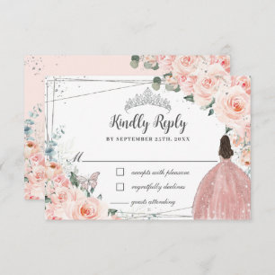 Blush Pink Floral Silver Butterfly Quinceañera RSVP Card