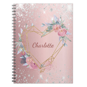 Blush pink floral silver glitter dust monogram notebook