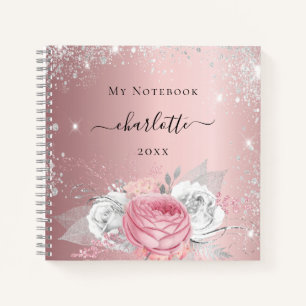 Blush pink floral silver glitter name script notebook