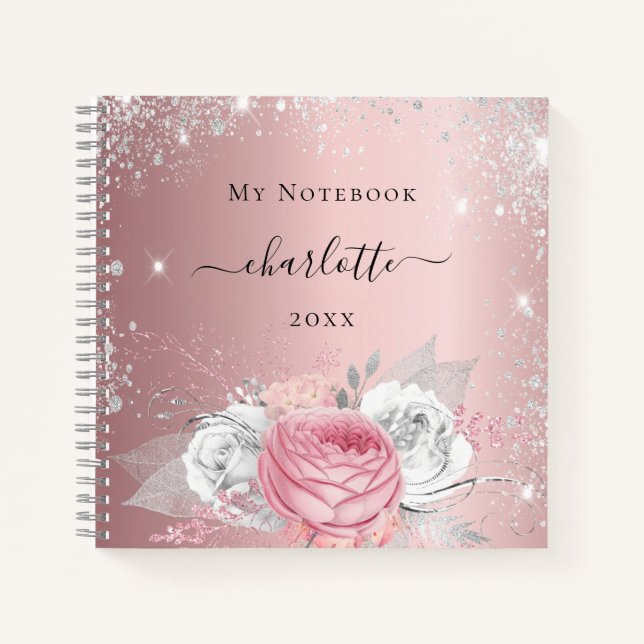 Blush pink floral silver glitter name script notebook (Front)