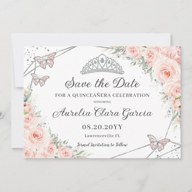 Blush Pink Floral Silver Quinceañera Sweet Sixteen Save The Date (Front)