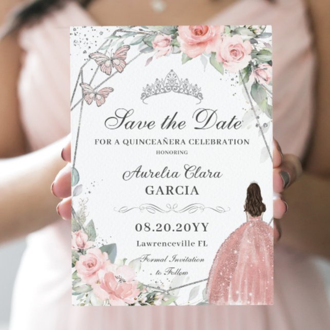 Blush Pink Floral Silver Quinceanera Sweet Sixteen Save The Date (Creator Uploaded)