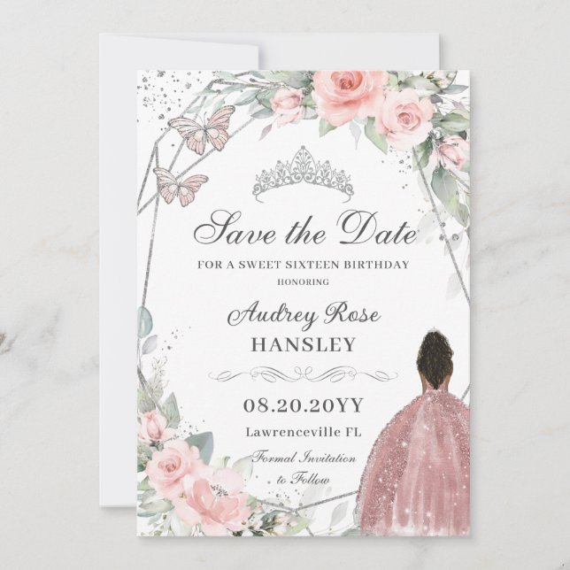 Blush Pink Floral Silver Sweet Sixteen Brown Girl Save The Date (Front)