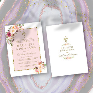 Blush Pink Floral Spanish 1st Birthday & Baptism Invitation