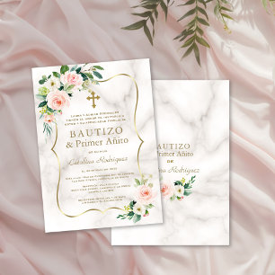 Blush Pink Floral Spanish 1st Birthday Baptism Invitation