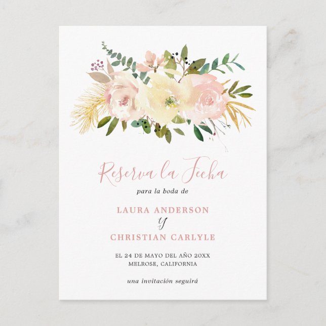 Blush Pink Floral Spanish Wedding Save the Date Announcement Postcard (Front)
