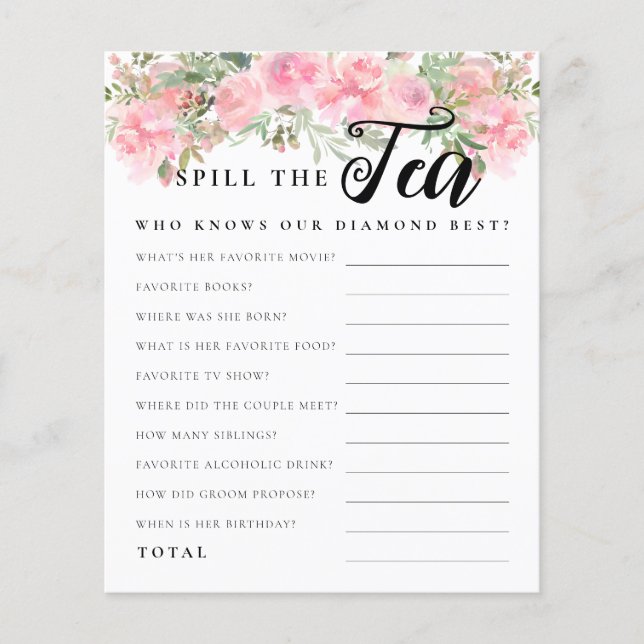 Blush Pink Floral Spill the Tea Bridal Shower Game (Front)