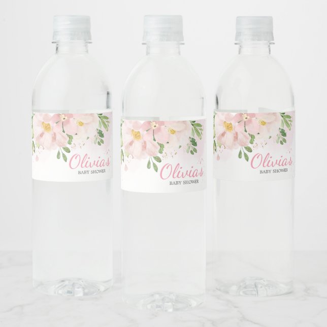 Blush Pink Floral Spring Baby Shower Water Bottle Label (Bottles)