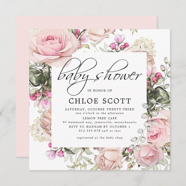 Blush Pink Floral Square Baby Shower Invitation (Front/Back)