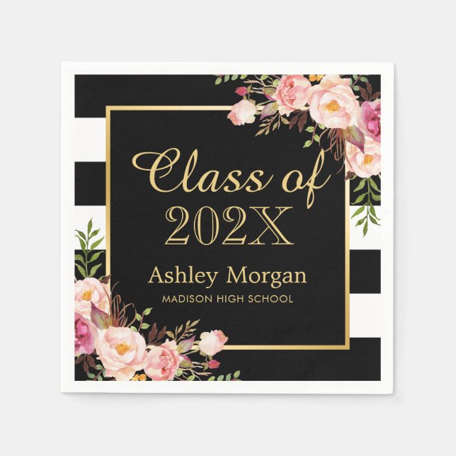 Blush Pink Floral Stripes Class of 2025 Graduation Napkin (Front)