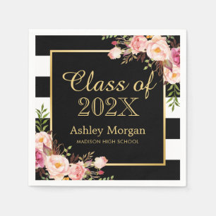 Blush Pink Floral Stripes Class of 2026 Graduation Napkin
