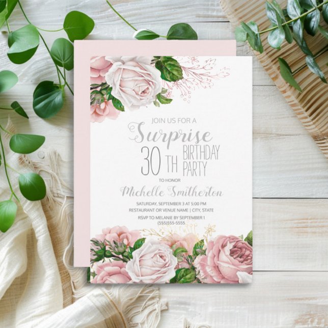 Blush Pink Floral Surprise 30th Birthday Invitation (Pink vintage floral surprise 30th birthday party invitation)