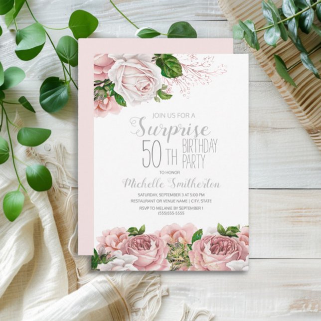 Blush Pink Floral Surprise 50th Birthday Invitation (Blush pink vintage floral surprise 50th birthday party invitation)