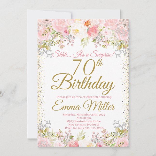 Blush Pink Floral Surprise 70th Birthday Invitation (Front)