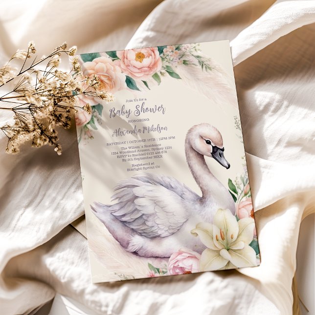 Blush Pink Floral Swan Princess Baby Shower Invitation (Creator Uploaded)