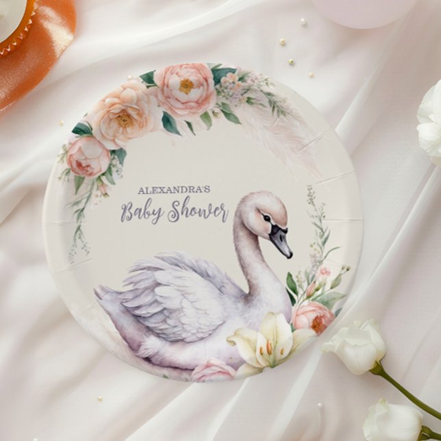 Blush Pink Floral Swan Princess Baby Shower Paper Plate (Creator Uploaded)