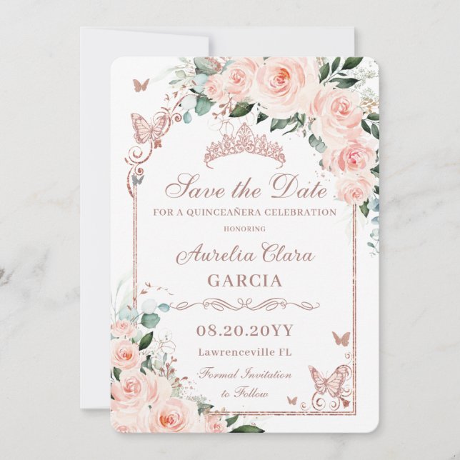 Blush Pink Floral Sweet 16 Rose Gold Quinceañera Save The Date (Front)