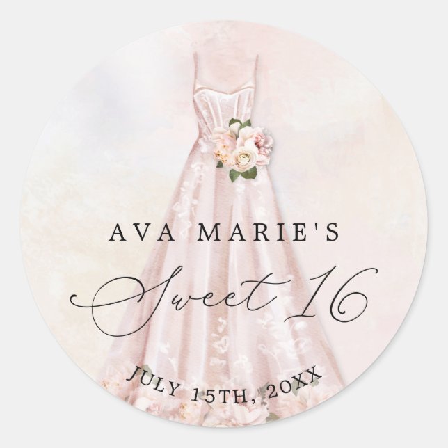 Blush Pink Floral Sweet 16th Birthday Classic Round Sticker (Front)