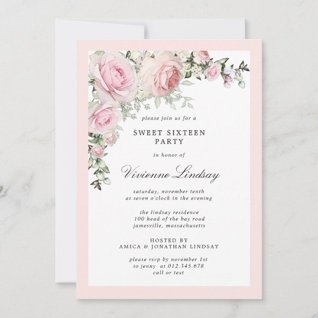 Blush Pink Floral Sweet Sixteen Party Invitation (Front)