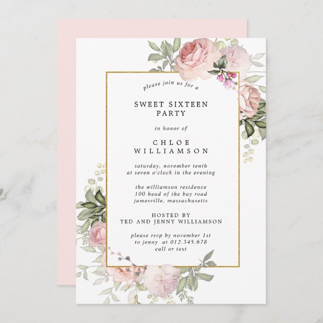 Blush Pink Floral Sweet Sixteen Party Invitation (Front/Back)