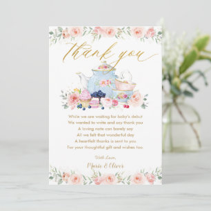 Blush Pink Floral Tea Party Baby Shower Birthday Thank You Card