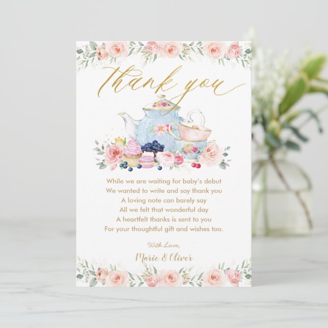 Blush Pink Floral Tea Party Baby Shower Birthday   Thank You Card (Standing Front)