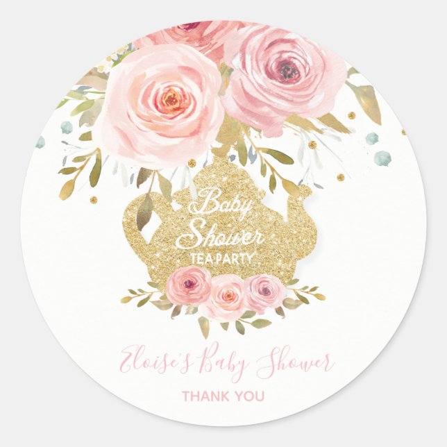 Blush Pink Floral Tea Party Baby Shower Favor Classic Round Sticker (Front)