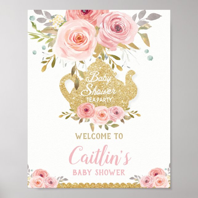 Blush Pink Floral Tea Party Baby Shower Welcome Poster (Front)