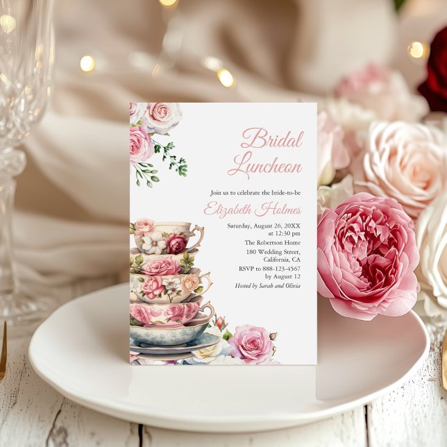 Blush Pink Floral Teacup Bridal Luncheon Invitation (Blush Pink Floral Teacup Bridal Luncheon Invitation on a boho table with pink and white peonies)