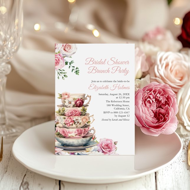 Blush Pink Floral Teacup Bridal Shower Brunch Invitation (Blush Pink Floral Teacup Bridal Shower Brunch Invitation on a table with white and pink peonies)