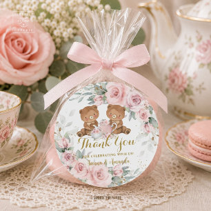 Blush Pink Floral Teddy Bears Tea Party Birthday Classic Round Sticker