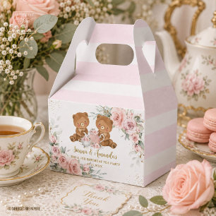 Blush Pink Floral Teddy Bears Tea Party Birthday Favour Box