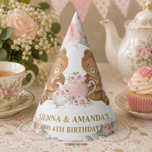 Blush Pink Floral Teddy Bears Tea Party Birthday Hat