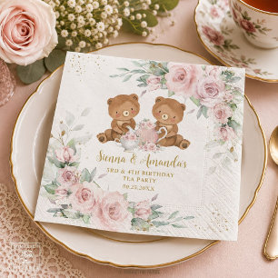 Blush Pink Floral Teddy Bears Tea Party Birthday Napkin