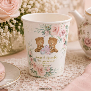 Blush Pink Floral Teddy Bears Tea Party Birthday Paper Cups