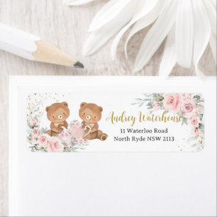 Blush Pink Floral Teddy Bears Tea Party Birthday Return Address Label