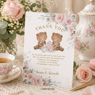 Blush Pink Floral Teddy Bears Tea Party Birthday Thank You Card