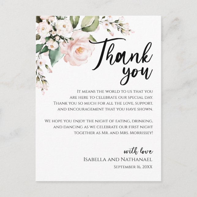 Blush Pink Floral Thank You Reception Card (Front)