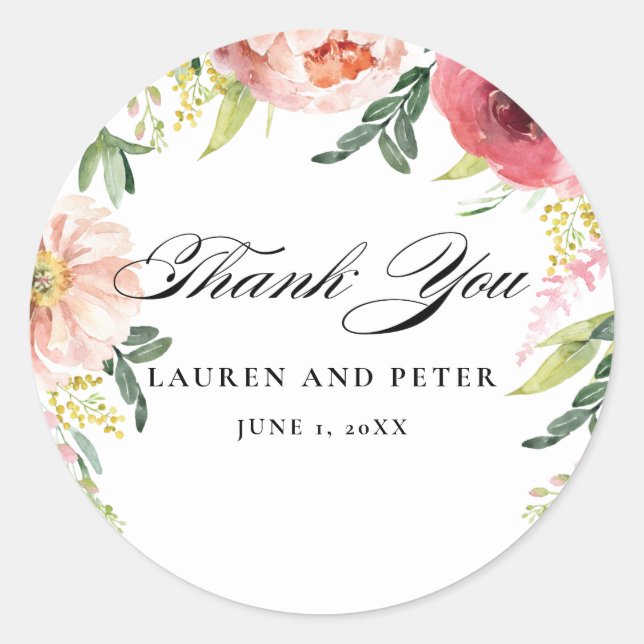 Blush Pink Floral Thank You Sticker (Front)