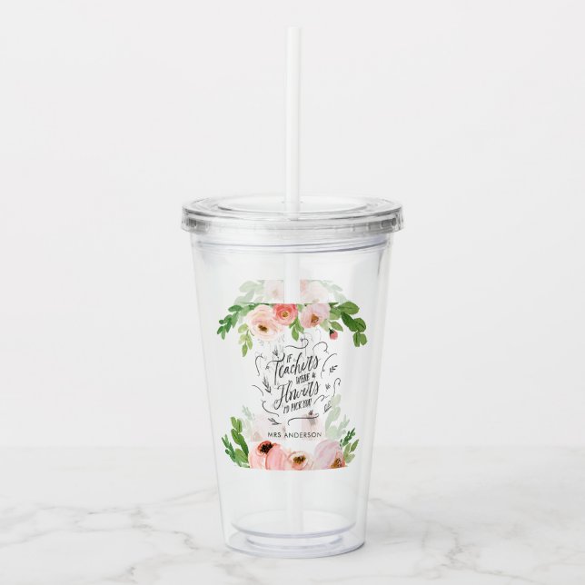 Blush pink floral thank you teacher gift  acrylic tumbler (Front)