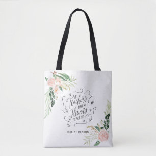 Blush pink floral thank you teacher gift tote bag