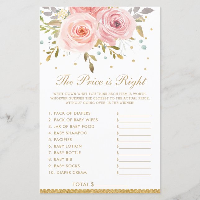 Blush Pink Floral The Price is Right Shower Game (Front)