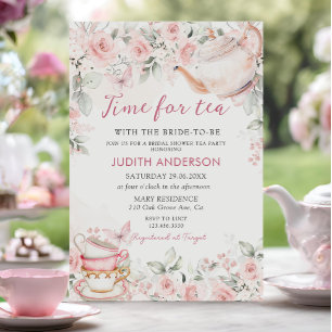 Blush Pink Floral Time For Tea Bridal Shower Invitation